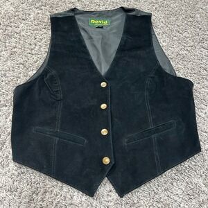 David American Fashion Womens Black Leather‎ Vest snap Buttons Pockets med